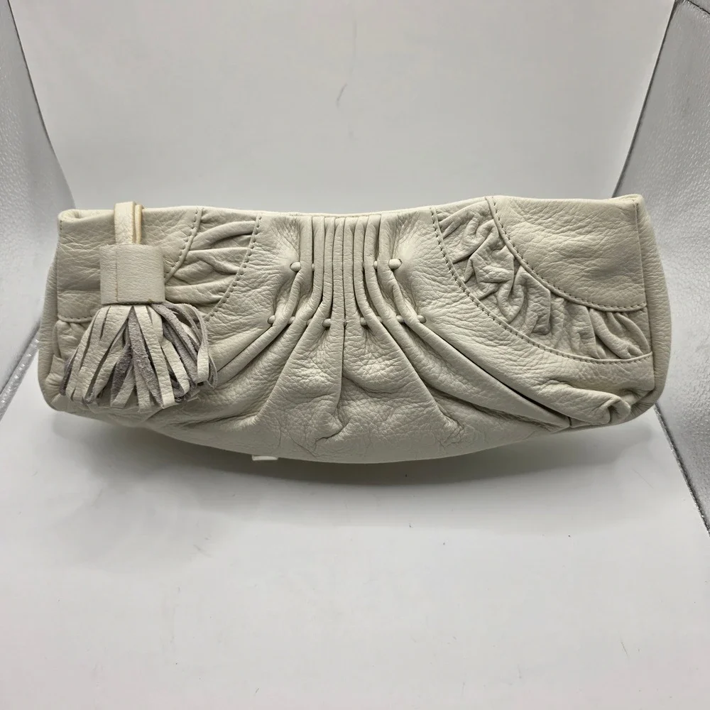 White House Black Market Cream Leather Tassel Clutch Pleated Ruched Evening Bag
